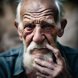 A dramatic and detailed portrait of an elderly, destitute man, seasoned by a hard life, with smoke lingering from his aged fingers, encapsulating a story in his profound, weary eyes that fairly won him an award.