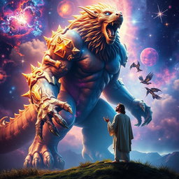 A colossal creature symbolizing the strongest being in the entire multiverse, with a muscular and armored body that radiates immense power