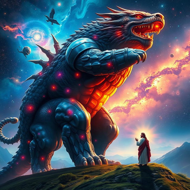 A colossal creature symbolizing the strongest being in the entire multiverse, with a muscular and armored body that radiates immense power