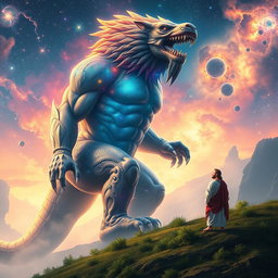 A colossal creature symbolizing the strongest being in the entire multiverse, with a muscular and armored body that radiates immense power