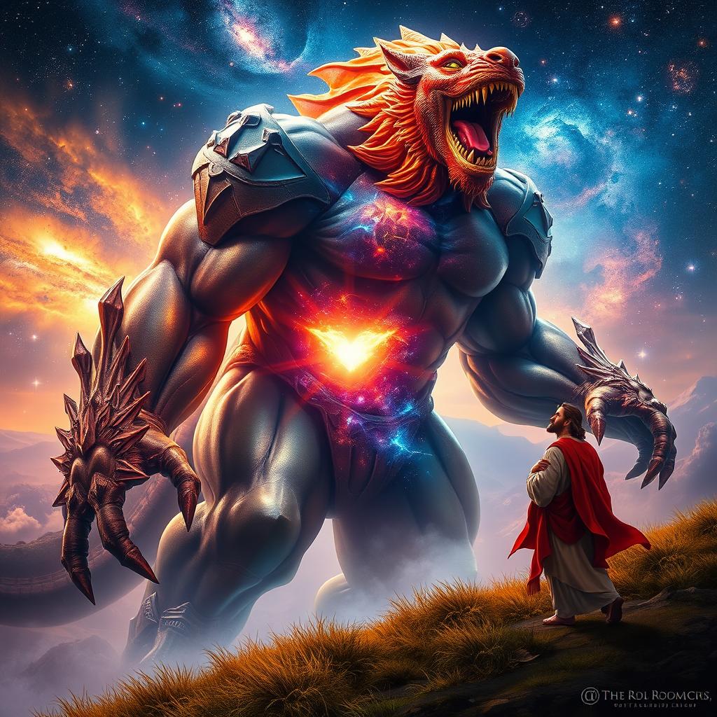 A colossal creature symbolizing the strongest being in the entire multiverse, with a muscular and armored body that radiates immense power