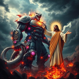 A dramatic scene depicting the strongest creature in the entire multiverse, a colossal figure with a muscular, armored body adorned with cosmic symbols and vibrant energy radiating from it