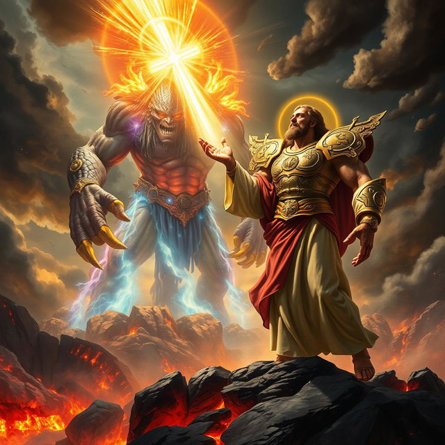 A dramatic scene depicting the strongest creature in the entire multiverse, a colossal figure with a muscular, armored body adorned with cosmic symbols and vibrant energy radiating from it