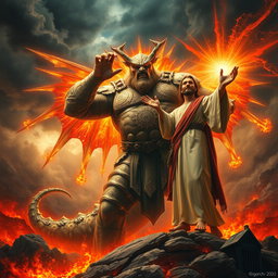 A dramatic scene depicting the strongest creature in the entire multiverse, a colossal figure with a muscular, armored body adorned with cosmic symbols and vibrant energy radiating from it