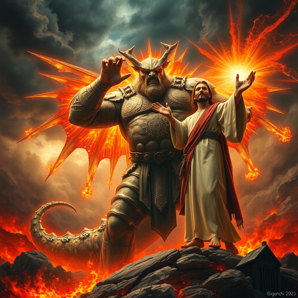 A dramatic scene depicting the strongest creature in the entire multiverse, a colossal figure with a muscular, armored body adorned with cosmic symbols and vibrant energy radiating from it