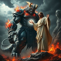A dramatic scene depicting the strongest creature in the entire multiverse, a colossal figure with a muscular, armored body adorned with cosmic symbols and vibrant energy radiating from it