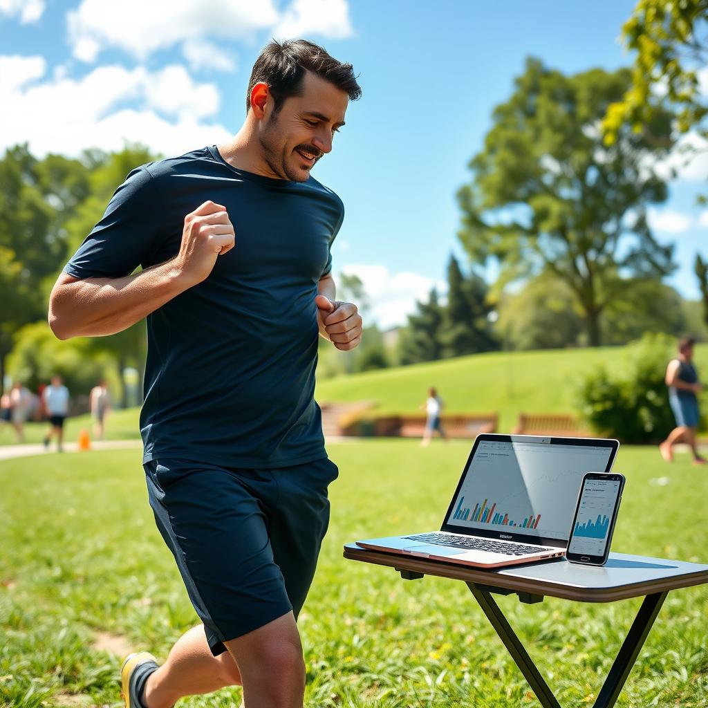 A dedicated entrepreneur exercising outdoors in a vibrant park setting