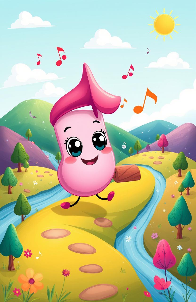 A whimsical illustration of a young music note, depicted as a cute, anthropomorphized character, embarking on a journey through a vibrant and magical landscape
