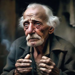 A dramatic and detailed portrait of an elderly, destitute man, seasoned by a hard life, with smoke lingering from his aged fingers, encapsulating a story in his profound, weary eyes that fairly won him an award.