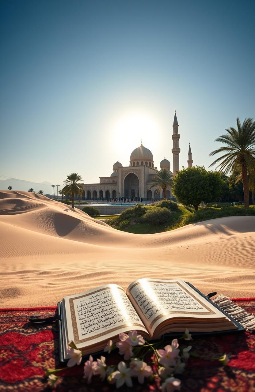 A serene and peaceful landscape that embodies the essence of tranquility in an Islamic context, featuring rolling sand dunes under a clear blue sky, a tranquil oasis with palm trees and a small body of water reflecting the sun