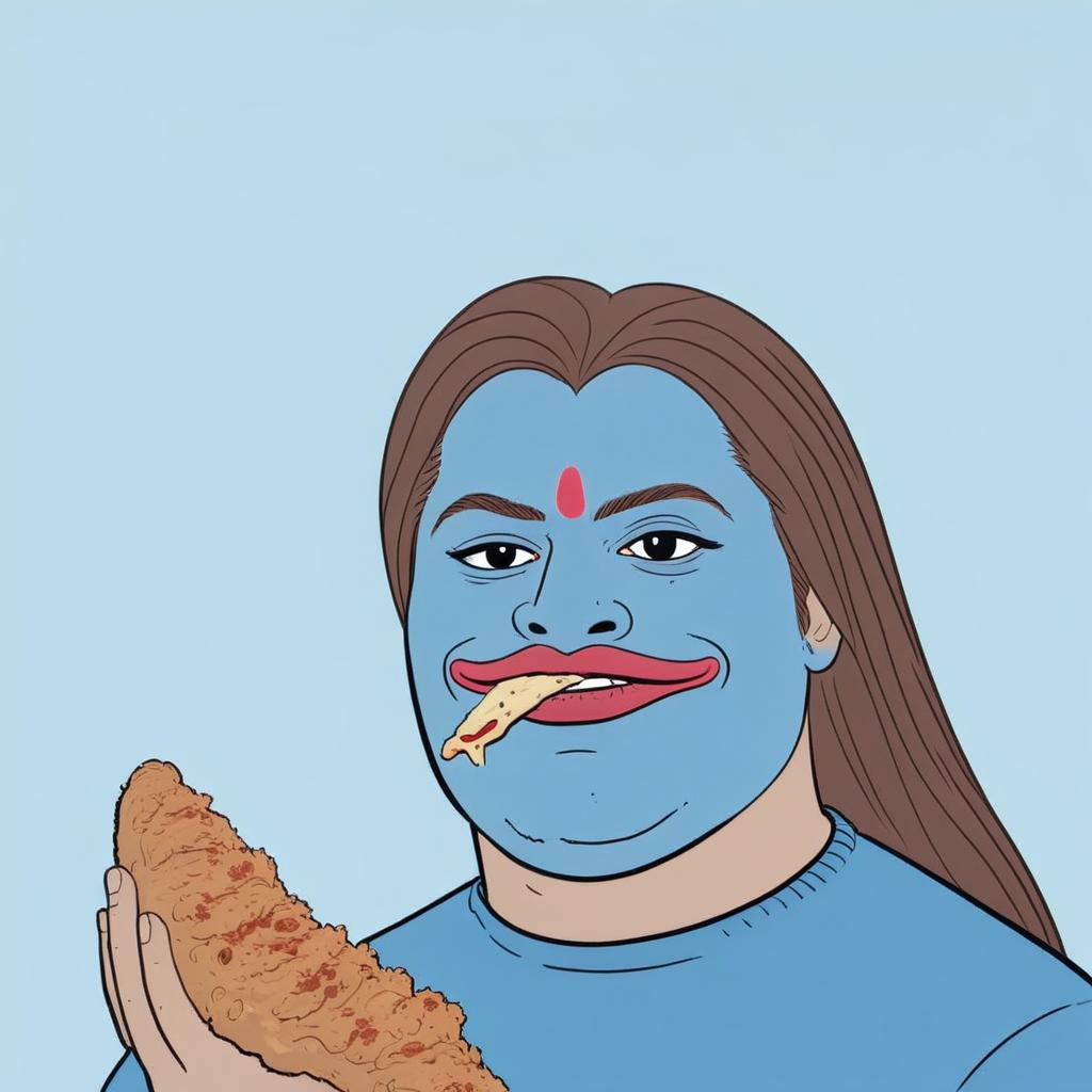 He picked up a chicken leg and ate it with both hands, and the background was full of food, fried chicken pizza.