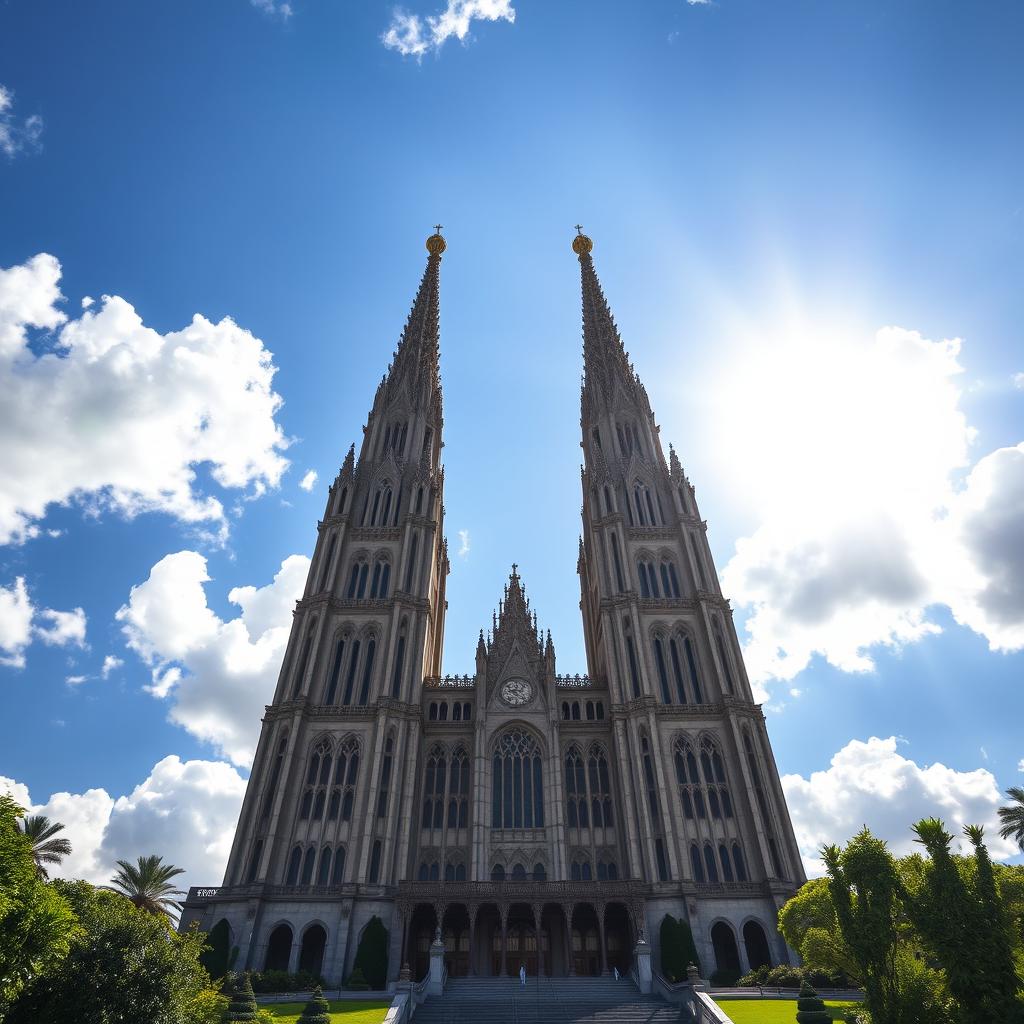 A majestic and grand structure reaching high into the sky, showcasing towering spires and intricate architectural details