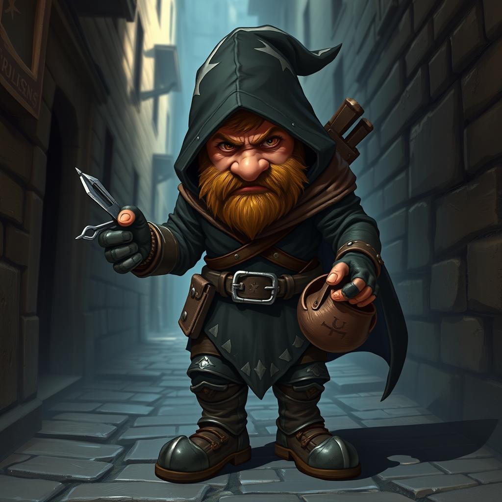A sneaky dwarf thief dressed in stealthy attire, showcasing his cunning and agility