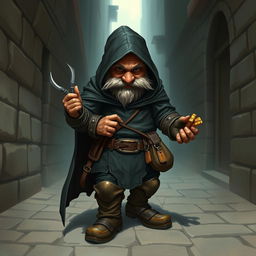 A sneaky dwarf thief dressed in stealthy attire, showcasing his cunning and agility