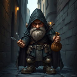 A sneaky dwarf thief dressed in stealthy attire, showcasing his cunning and agility