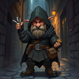 A sneaky dwarf thief dressed in stealthy attire, showcasing his cunning and agility