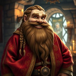 A jovial fat dwarf wearing a richly adorned robe, featuring intricate patterns and vibrant colors such as deep reds and golds