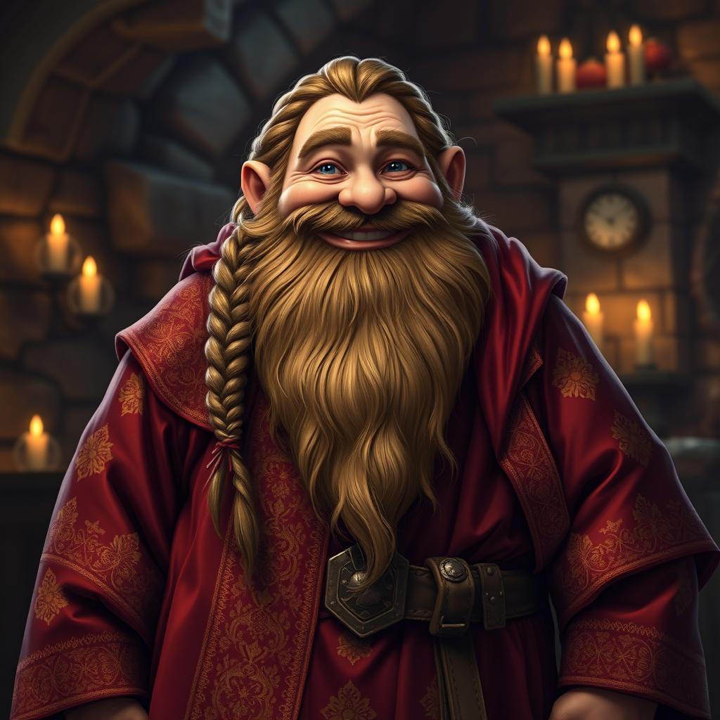 A jovial fat dwarf wearing a richly adorned robe, featuring intricate patterns and vibrant colors such as deep reds and golds