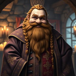 A jovial fat dwarf wearing a richly adorned robe, featuring intricate patterns and vibrant colors such as deep reds and golds