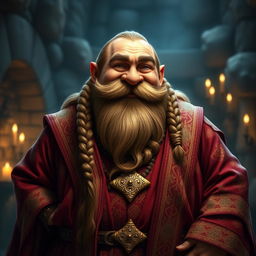 A jovial fat dwarf wearing a richly adorned robe, featuring intricate patterns and vibrant colors such as deep reds and golds