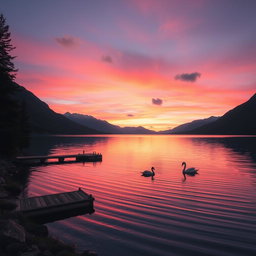 A serene landscape of a tranquil lake at sunset, surrounded by majestic mountains