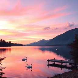 A serene landscape of a tranquil lake at sunset, surrounded by majestic mountains