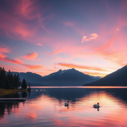 A serene landscape of a tranquil lake at sunset, surrounded by majestic mountains
