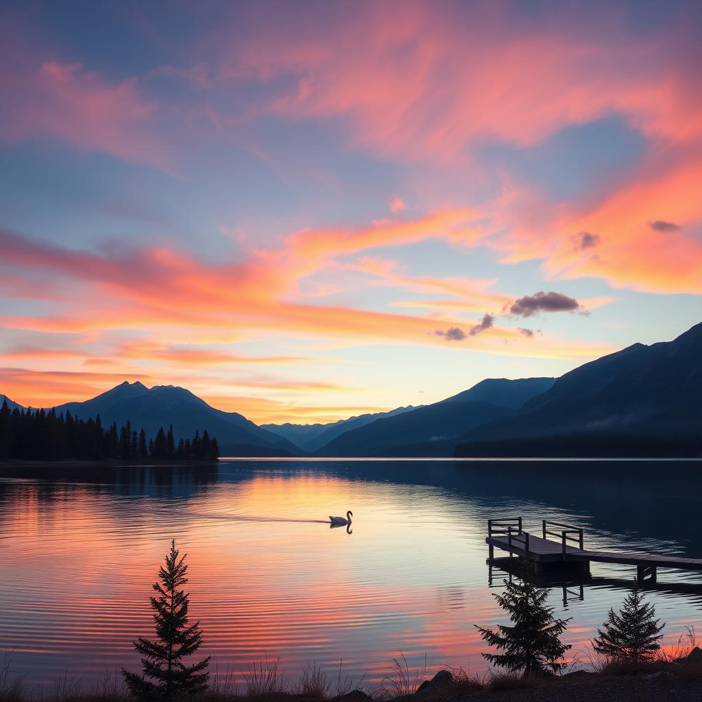 A serene landscape of a tranquil lake at sunset, surrounded by majestic mountains