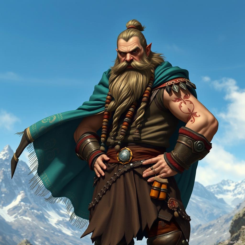 A majestic dwarf standing confidently while wearing a flowing cape that billows dramatically behind him