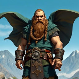 A majestic dwarf standing confidently while wearing a flowing cape that billows dramatically behind him