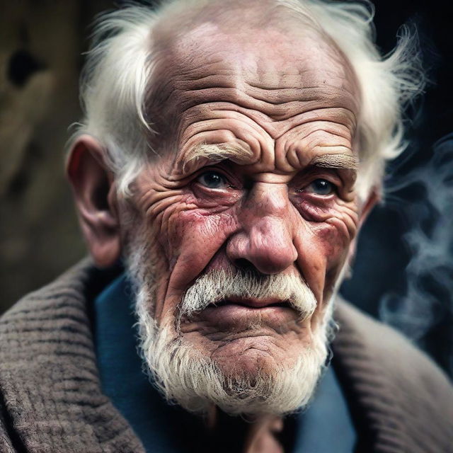 A dramatic and detailed portrait of an elderly, destitute man, seasoned by a hard life, with smoke lingering from his aged fingers, encapsulating a story in his profound, weary eyes that fairly won him an award.