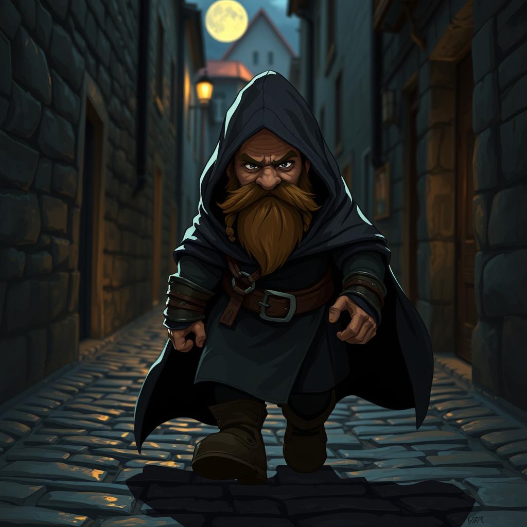 A cunning dwarf wearing a flowing cape that blends into the shadows, tiptoeing stealthily away