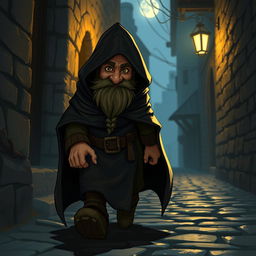 A cunning dwarf wearing a flowing cape that blends into the shadows, tiptoeing stealthily away