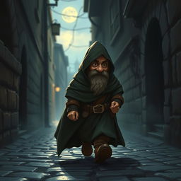 A cunning dwarf wearing a flowing cape that blends into the shadows, tiptoeing stealthily away