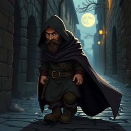 A cunning dwarf wearing a flowing cape that blends into the shadows, tiptoeing stealthily away