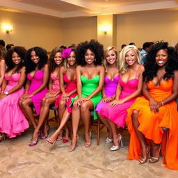A group of women sitting in a row, all dressed in colorful and eye-catching dresses in vibrant shades of pink, green, and orange