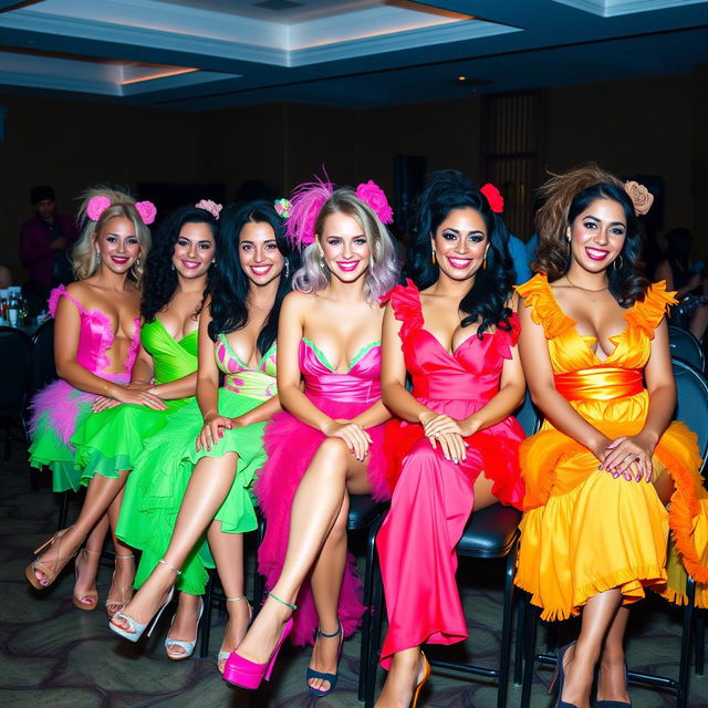 A group of women sitting in a row, all dressed in colorful and eye-catching dresses in vibrant shades of pink, green, and orange