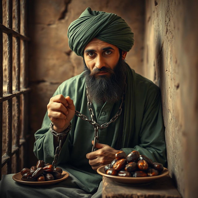 A pious man imprisoned in an ancient Islamic prison, his hands shackled with chains