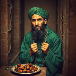 A pious man imprisoned in an ancient Islamic prison, his hands shackled with chains