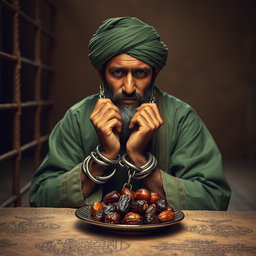 A pious man imprisoned in an ancient Islamic prison, his hands shackled with chains