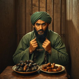 A pious man imprisoned in an ancient Islamic prison, his hands shackled with chains