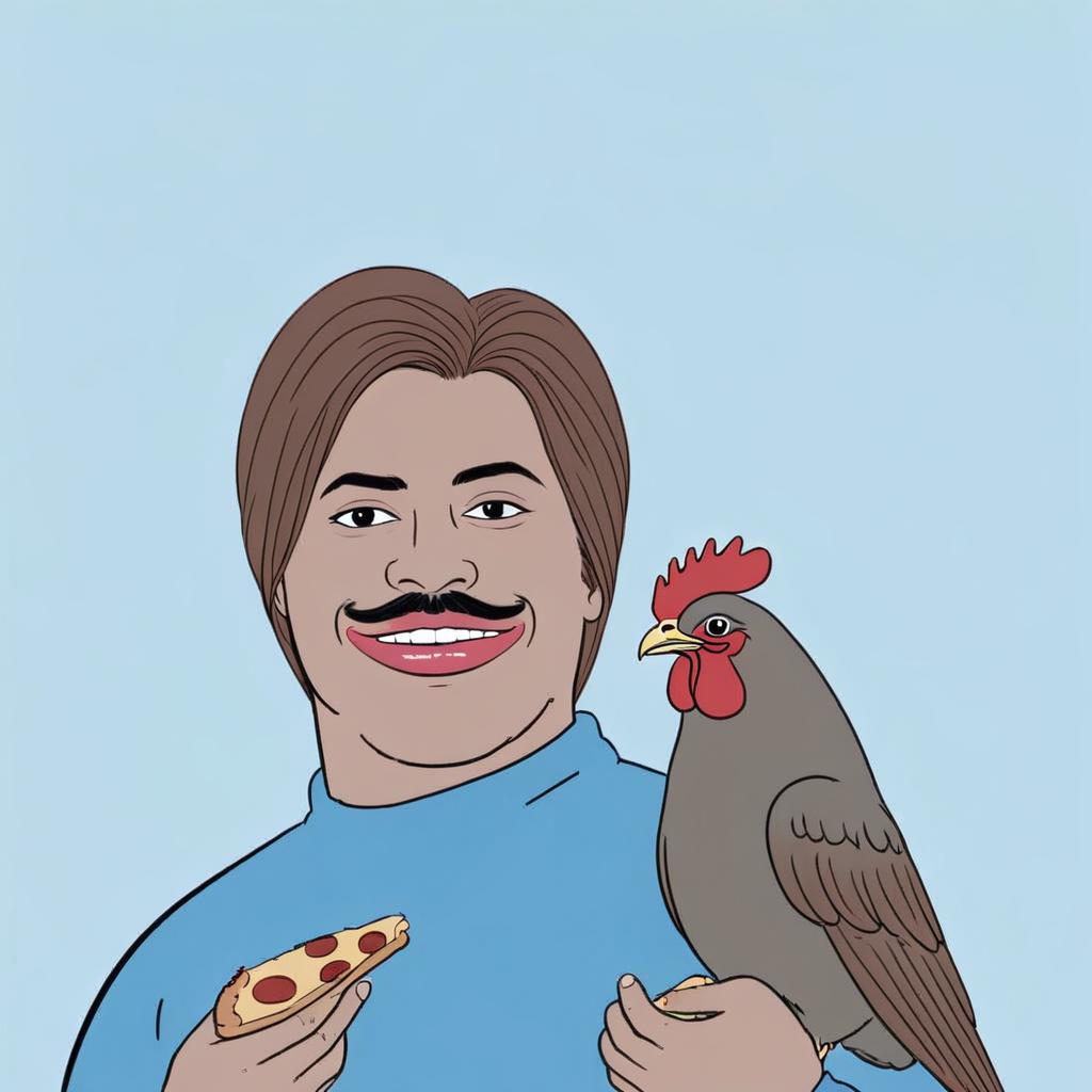 He was holding a chicken leg in one hand and in the other he was eating pizza.
