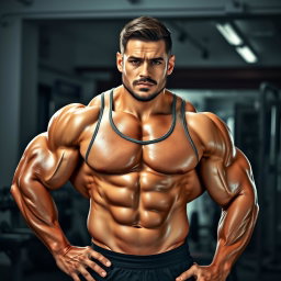 A stunning muscular bodybuilder standing proudly in a gym, showcasing his incredible physique