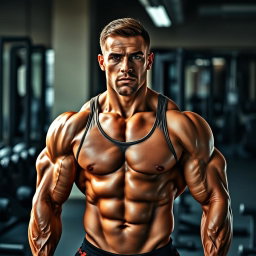 A stunning muscular bodybuilder standing proudly in a gym, showcasing his incredible physique