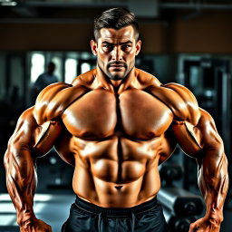 A stunning muscular bodybuilder standing proudly in a gym, showcasing his incredible physique