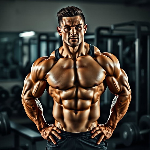 A stunning muscular bodybuilder standing proudly in a gym, showcasing his incredible physique
