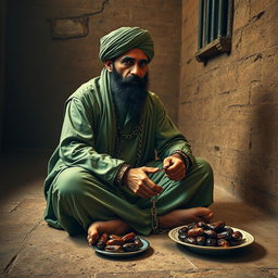 A righteous man imprisoned in an ancient Islamic prison, sitting on the ground with his hands bound in shackles and chains