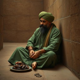 A righteous man imprisoned in an ancient Islamic prison, sitting on the ground with his hands bound in shackles and chains