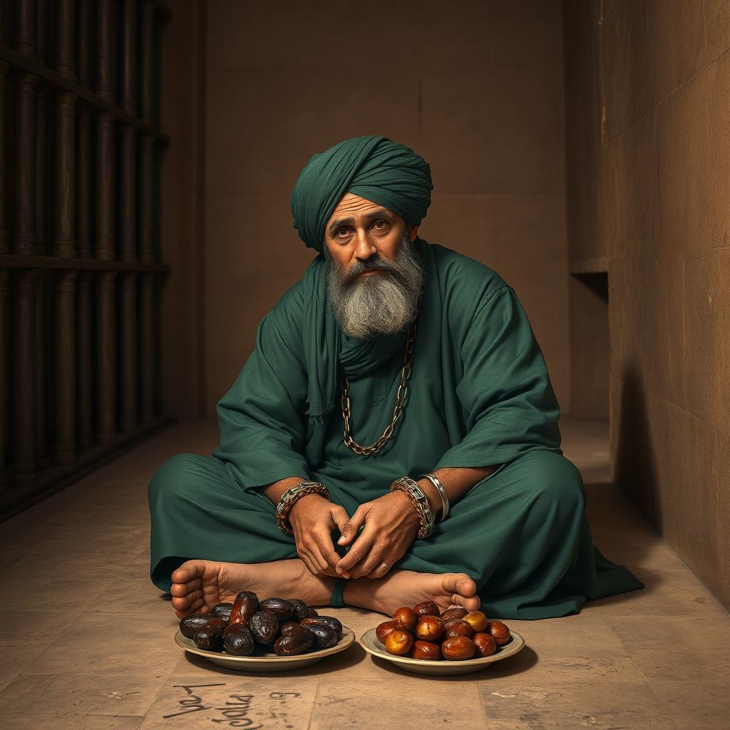 A righteous man imprisoned in an ancient Islamic prison, sitting on the ground with his hands bound in shackles and chains