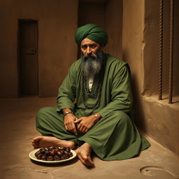 A righteous man imprisoned in an ancient Islamic prison, sitting on the ground with his hands bound in shackles and chains